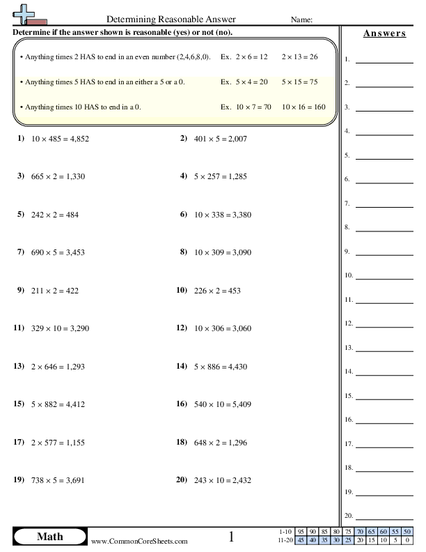 Multiplication Worksheets - Determining Reasonable Answers (2, 5, 10) worksheet